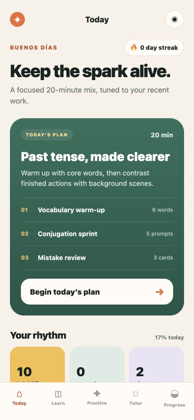 Spanish Sprint Today screen showing a personalized grammar, vocabulary, and mistake-review plan
